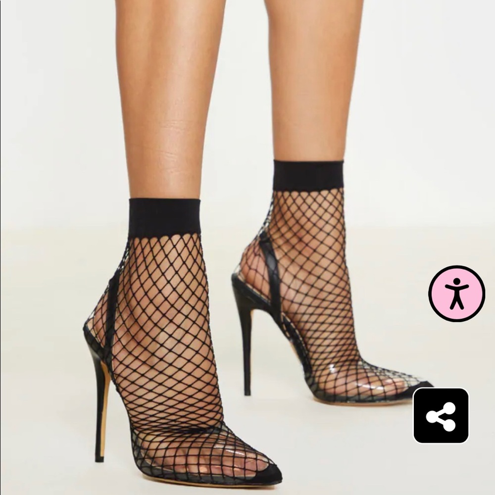 Pretty Little Thing Black Fishnet Slingback Pointed Toe Heels